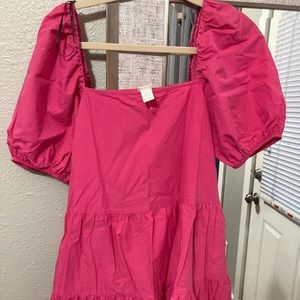 H&M bright pink tiered mini dress with puff sleeves